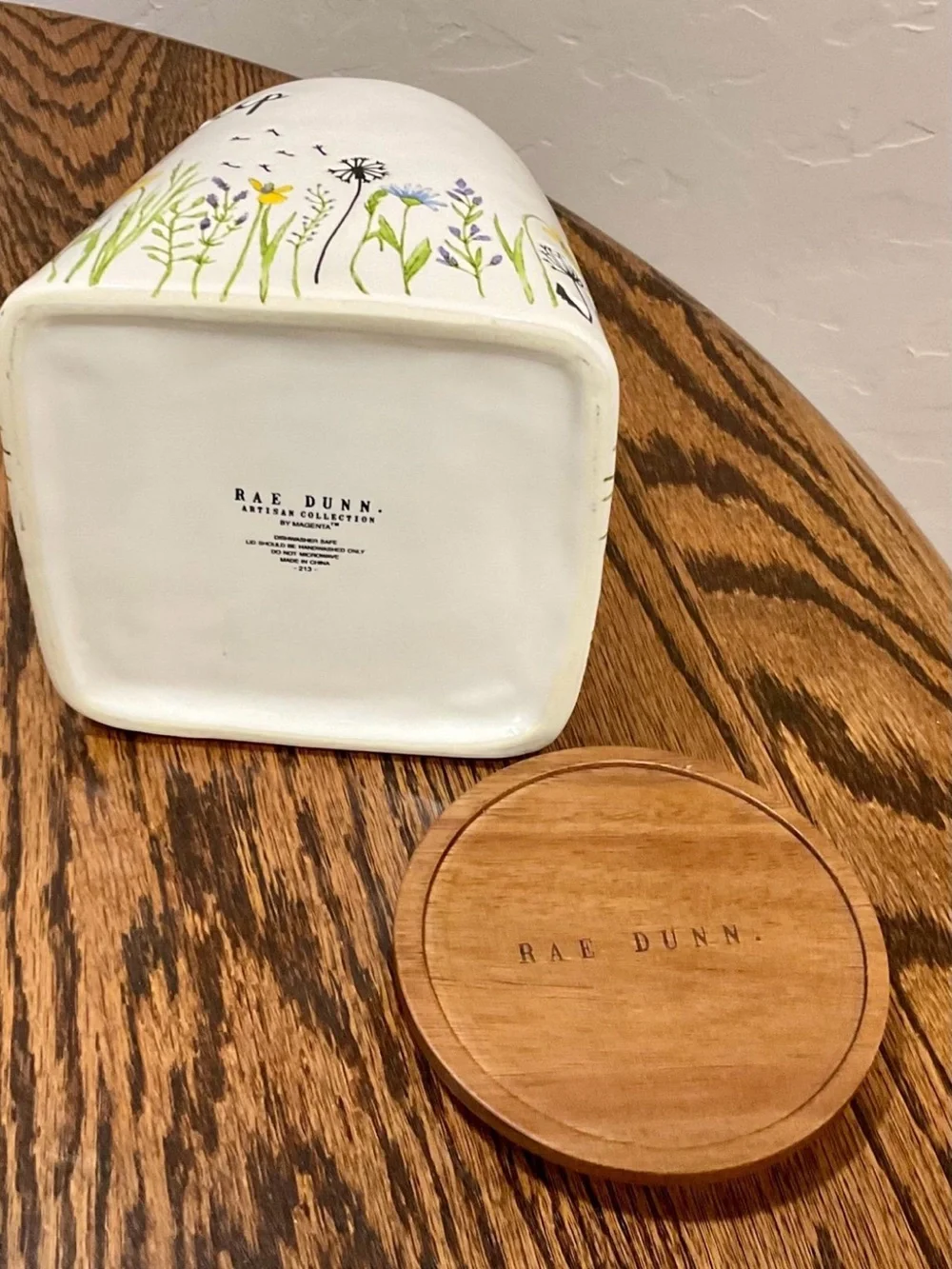“Keep” Rae Dunn Floral Wildflower Ceramic Jar with Brown Wood Lid, 6” H x 4” D